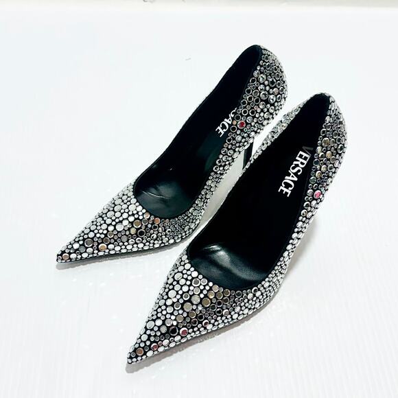 Versace Pumps 40/US 10 Black Crystal Embellished Leather Heel NIB $1,450 - Picture 7 of 14
